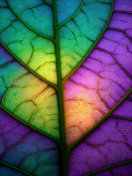 Macro Detail of Multicolored Leaf Veins with Vibrant Gradient Lighting