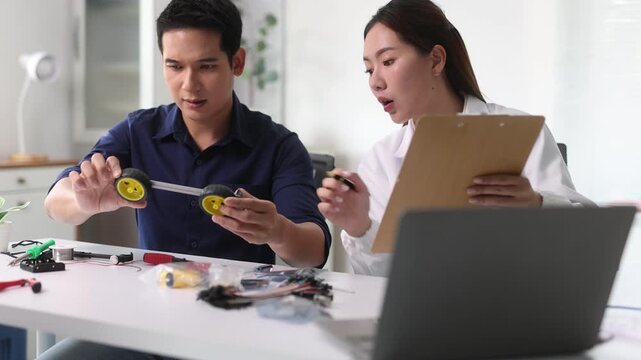 Young engineers working together on a robotics project, assembling electronic components at a desk.