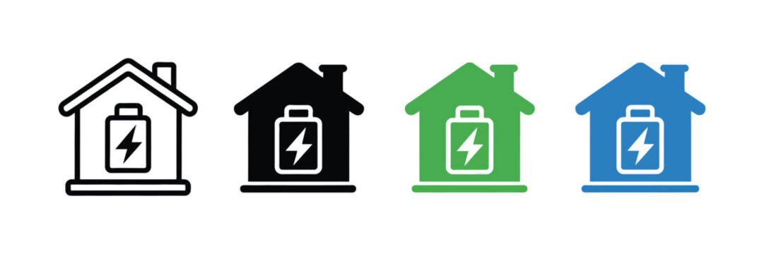 Home energy battery storage icon set, smart home solar power, renewable electricity, EV charging, energy efficiency, sustainable technology, and clean energy vector illustration.