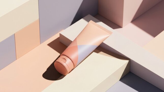 Pastel cosmetic tube on abstract geometric forms, soft light, beauty and skincare concept.