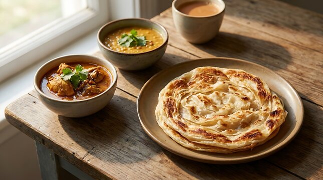 Indian chicken curry with paratha flatbread served in bowls on a rustic wooden table. Malaysian Cuisine