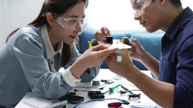 Young engineers working together on a robotics project, assembling electronic components at a desk.