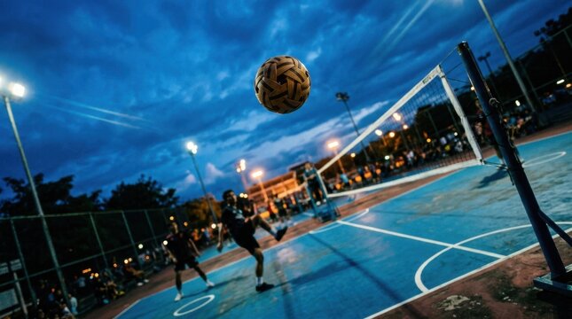Sepak takraw players compete at dusk, ball in air, outdoor court, cloudy sky.