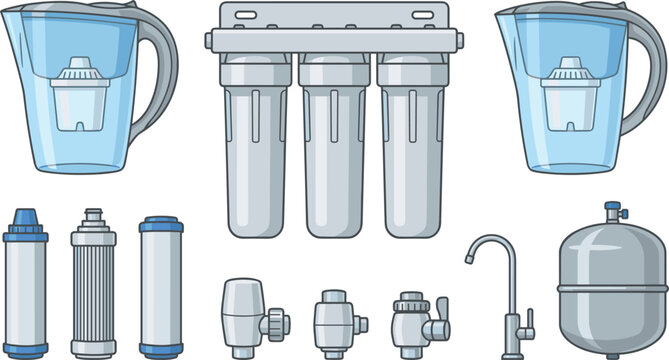 Water Filtration Equipment Vector Set with Pitchers Osmosis System Cartridges Tank and Valve Fitting Parts Isolated on White Background