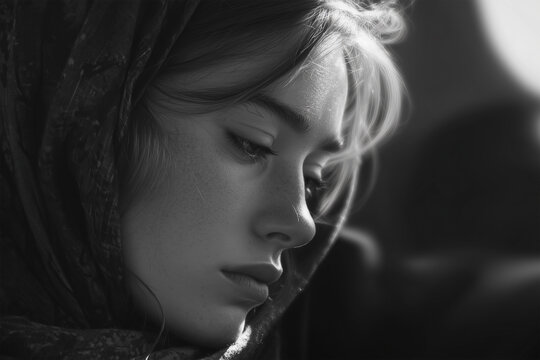 Candid portrait of a young woman with soft features and a headscarf captured in a quiet moment indoors