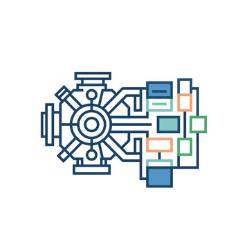 Technical engineering schematic of mechanical engine and digital control system icon