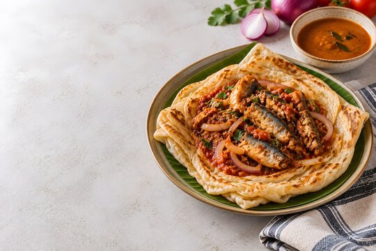 Malaysian Roti Canai Sardin Flatbread Topped with Sardines Sambal Sauce and Curry Bowl
