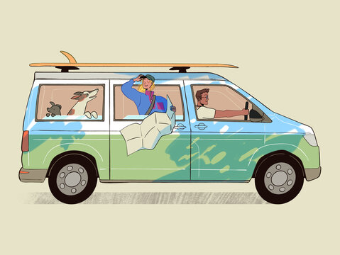 Couple with van and dogs van life character design illustration surfing beige background