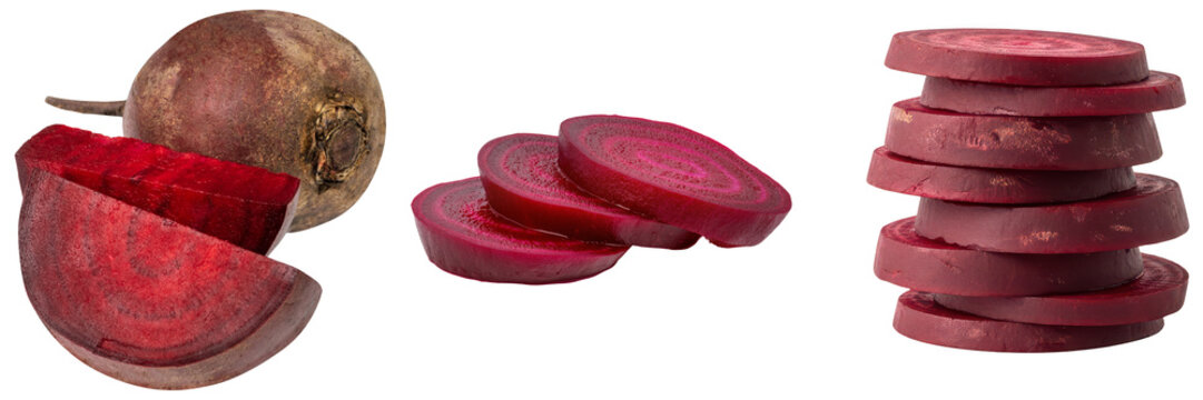 Whole beet, sliced beet pieces, and a stack of beet slices isolated on transparent background
