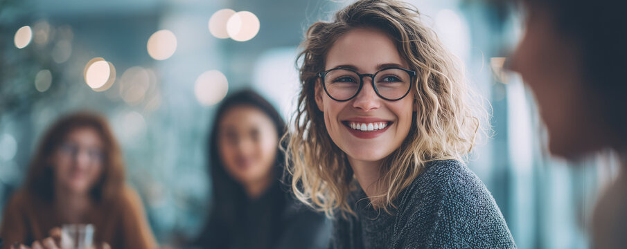 Group of women in their 30s smiling and discussing teamwork and AIs indoors