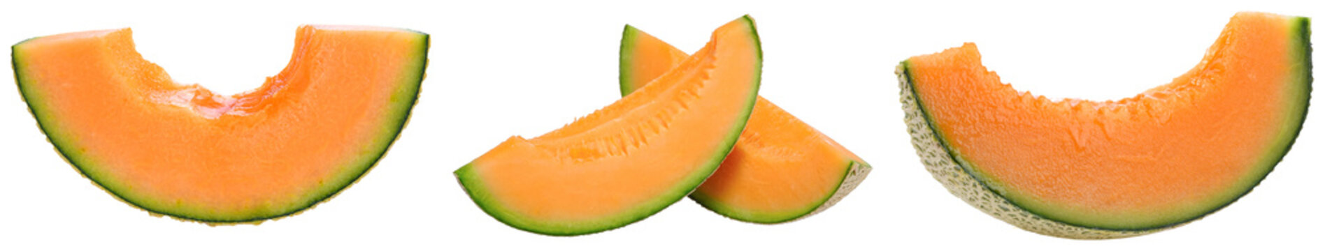 Three slices of cantaloupe melon isolated on a transparent background