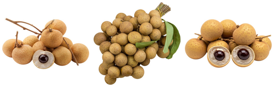 Three bunches of fresh longan fruit, one bunch with a leaf, and one cut in half showing the seed, isolated on transparent background
