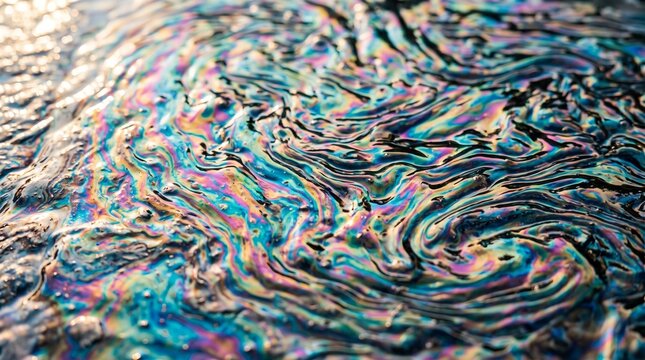 Macro View of Gasoline Film Iridescent Rainbow Texture on Water Surface. High-resolution macro shot showcasing a vibrant, iridescent rainbow texture formed by a gasoline chemical slick swirled over 