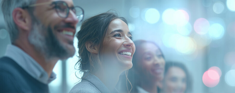 Team members smile and discuss AIs role in teamwork in bright conference room