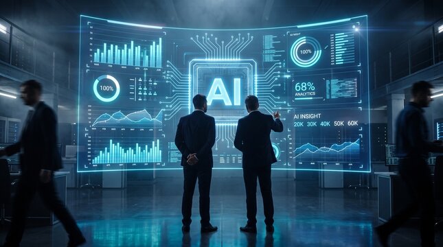 Businessmen viewing ai data display in modern office with two businessmen suits stand facing large screen visualization professional businessman information technology with Futuristic