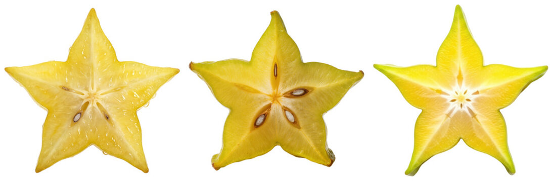 Three slices of star fruit (carambola) showing the star shape and seeds, isolated on transparent background
