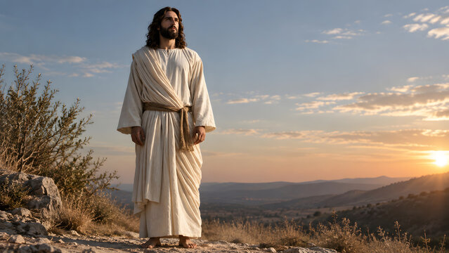 Jesus christ standing on a hill at sunrise, peaceful religious landscape
