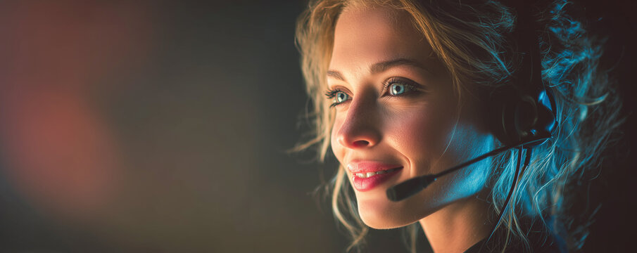 Woman in studio with headset smiling while communicating with AI assistant