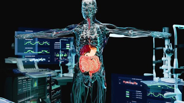 X-Ray Style View of the Human Body Highlighting the Stomach and Digestive Tract System Anatomy, 3d render