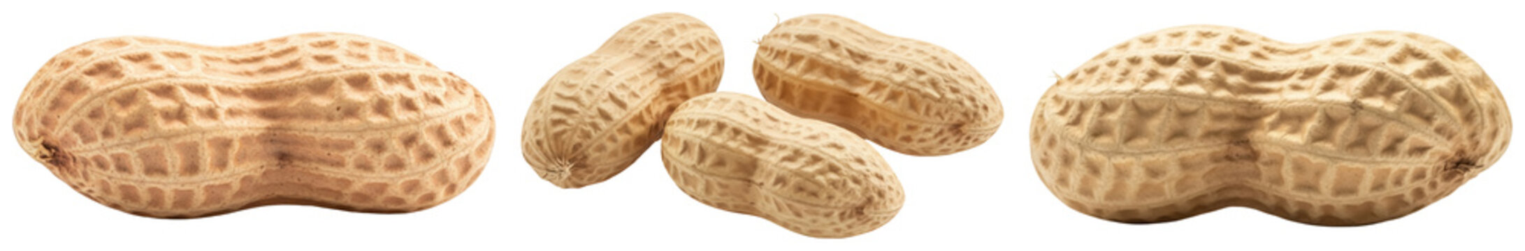 Four peanuts in shells, isolated on transparent background