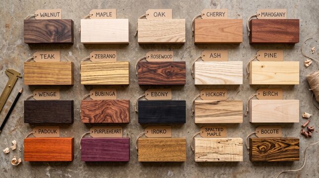 Selection of Various Hardwood and Softwood Species Samples Flat Lay.