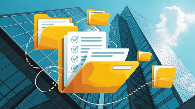 Abstract representation of digital document management with yellow folders, checklists, and paperwork icons on a modern glass building background Sigmoid