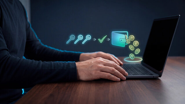 Crypto wallet security and private key access concept with man using laptop, digital wallet hologram and coins for blockchain authentication, secure payment and cryptocurrency investment