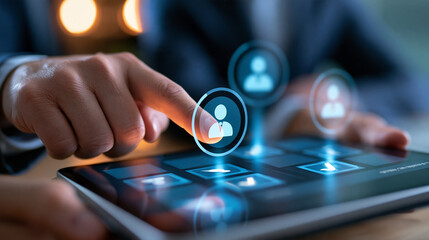 Plakat Faceless business professional checking a candidate selection checklist on a tablet, recruitment evaluation, applicant screening, talent assessment, human resources management,
