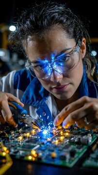 A focused female technician wearing safety glasses works on a circuit board with pliers, illuminated by blue light reflections.