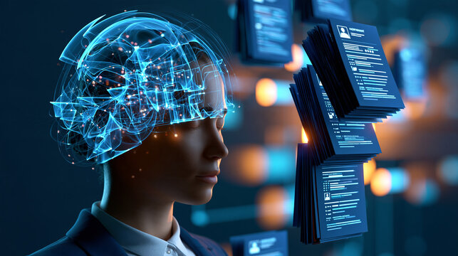 AI recruitment concept with a glowing abstract neural network analyzing anonymous resumes and matching qualified candidates, artificial intelligence, automated recruitment, talent