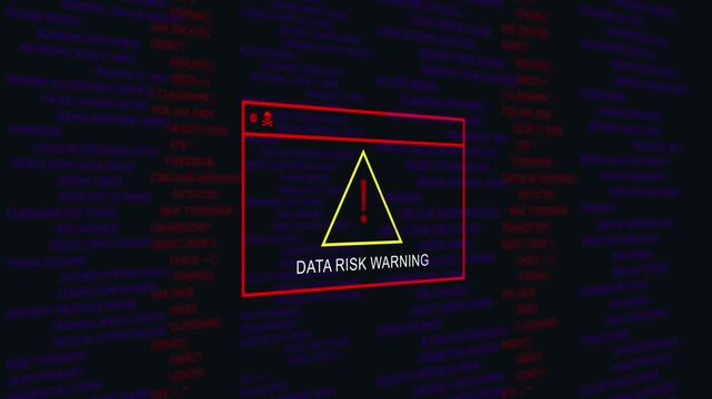 Cybersecurity data risk warning alert system displaying critical system failure and unauthorized access attempt notifications on a dark digital background, with scrolling red, programming code and
