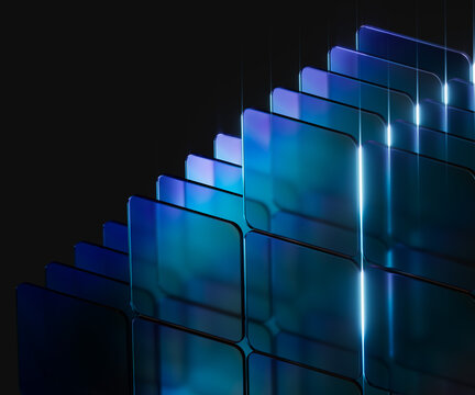 Futuristic abstract blue glass square layers for big data analytics, cloud technology background, IT infrastructure, and cyber security 3d rendering banner.
