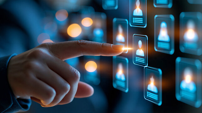 Recruiter reviewing multiple professional profiles on a large virtual screen while selecting the most suitable applicant, talent acquisition, candidate comparison, hiring process,