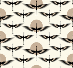 Fototapeta premium Herons in Art Deco style. Seamless Pattern for interior decoration, textiles. Fashionable home decor. Abstract flying bird vector illustration texture isolated on off white vintage background