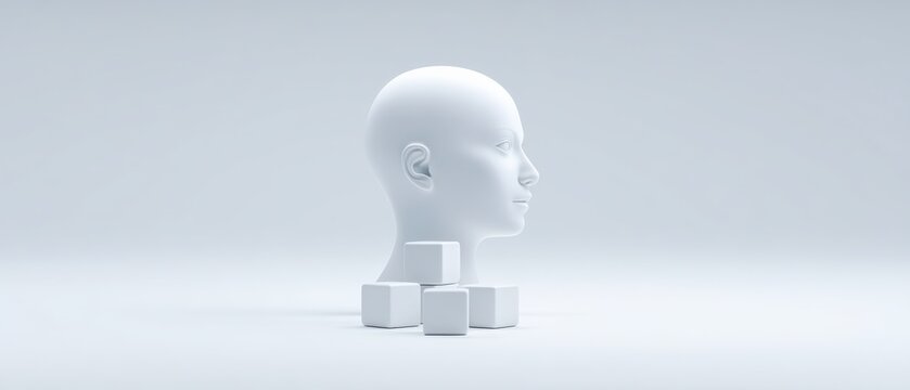 Sleek white mannequin head surrounded by geometric cubes set against a soft light gray backdrop perfect for creative and artistic endeavors or design projects that require a modern touch