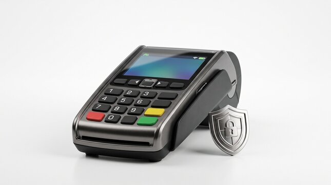 Electronic payment terminal with a security shield icon on a white background