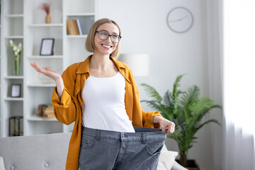 Happy woman smiling and holding out oversized pants, celebrating her successful diet, fitness, and...