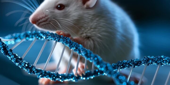 White Mouse Interacting with DNA Strand in Scientific Genetics Research Lab Video
