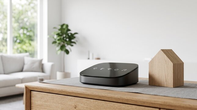 Smart home control hub device sitting on a wooden table in a modern living room