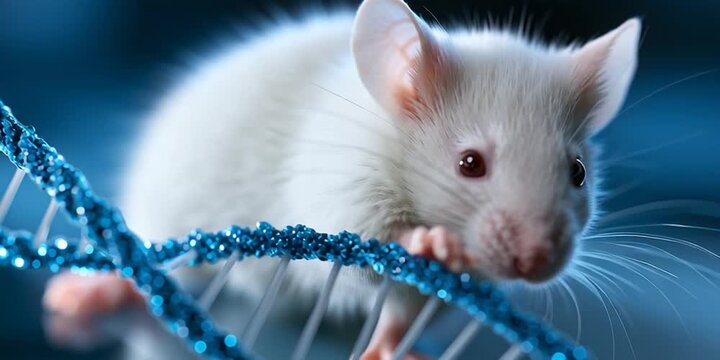 White Mouse Interacting with DNA Strand in Scientific Genetics Research Lab Video