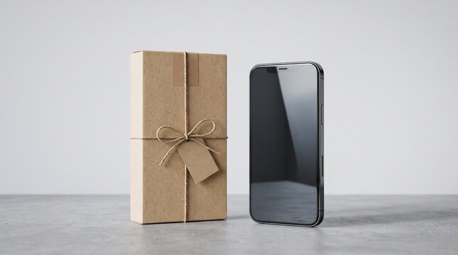 Smartphone standing beside a brown paper gift box on a grey surface