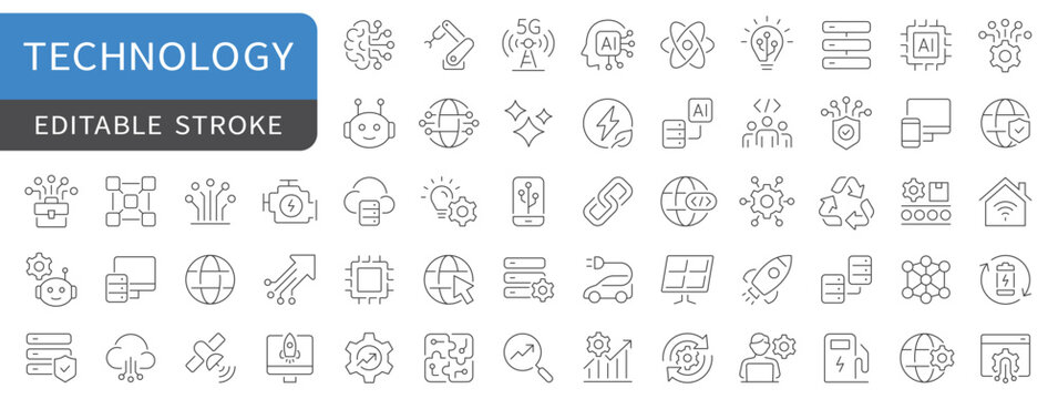 Technology simple line icons set. Information, digital technology, solution, cyber security icon. vector, editable stroke