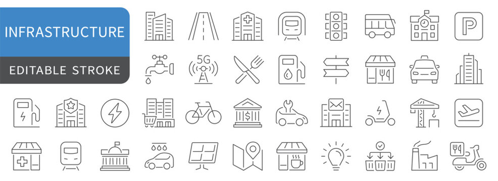 Urban infrastructure  and City services simple line icons set. vector, editable stroke