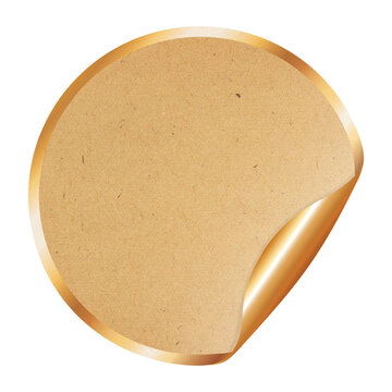 isolated blank round kraft paper sticker mockup with golden border and curled corner