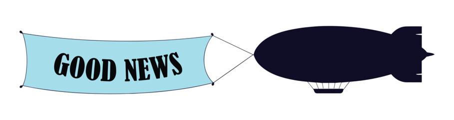 Airship Banner of Good News: A dark blue airship flies through the sky, towing a light blue banner with the words GOOD NEWS printed on it, symbolizing an announcement or message of positivity. © Jibit