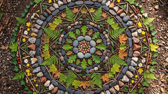 Natural Mandala Made of Stones Leaves and Forest Elements.