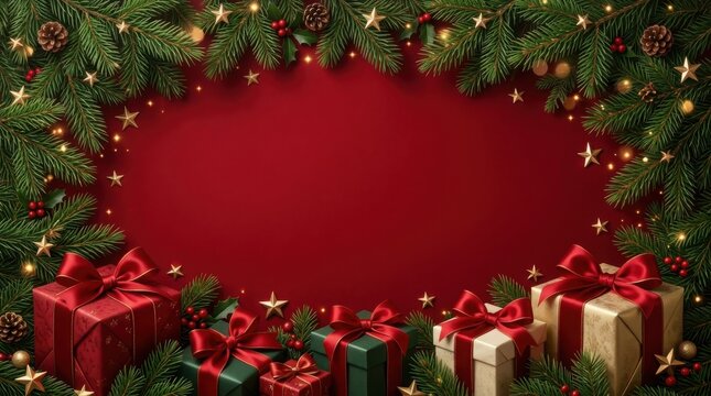 Festive Christmas border with gifts and glowing lights on a red background for holiday greetings