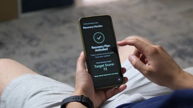Person reviews an activated recovery plan on a smartphone, highlighting personalized wellness goals, rest management and data-driven daily recovery tracking.