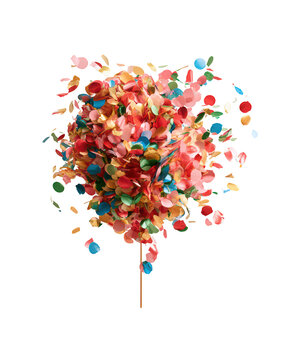 Colorful confetti explosion on stick with multiple vibrant paper pieces isolated on white background celebration