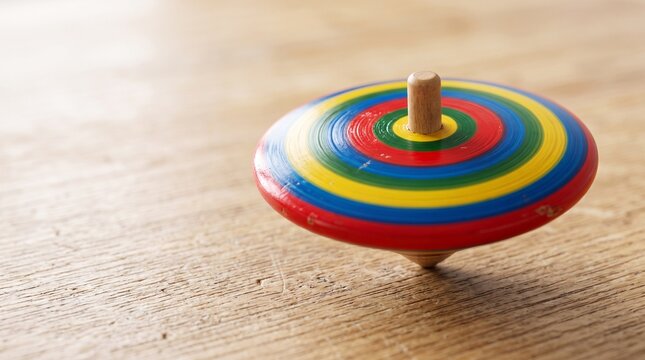 Colorful spinning top rotating on wooden floor  